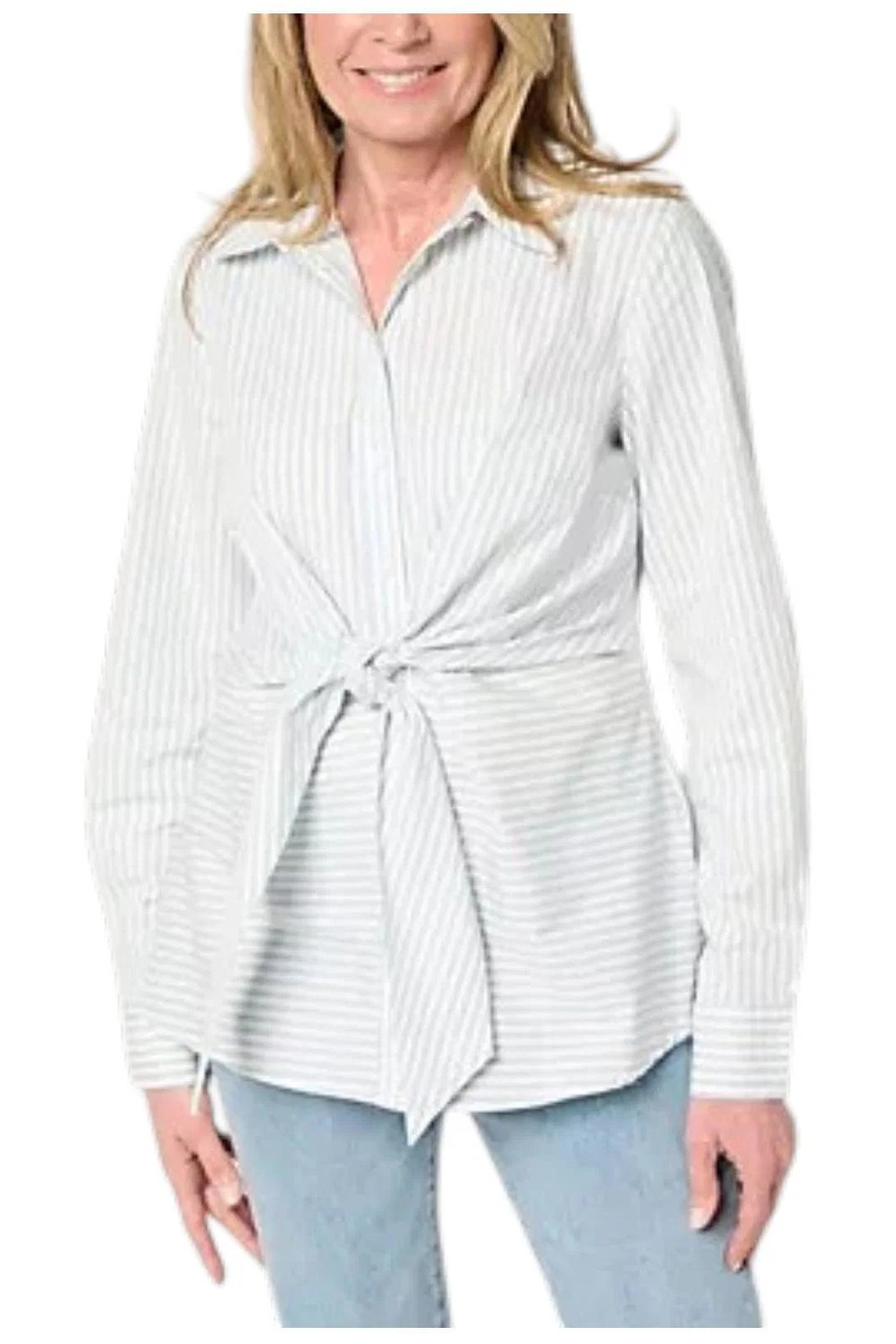 Martha Stewart Women's Woven Tie Front Collared Blouse Blue Stripe - Plus